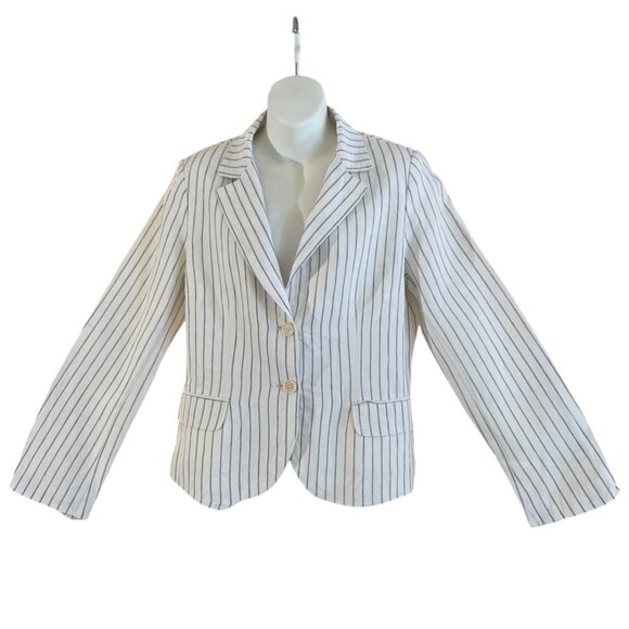 The J. Peterman Company Women's Blue and Ivory Striped Blazer Size 14 - Picture 1 of 12